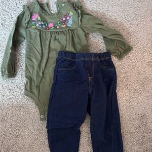 Carter's Green Floral Top and Navy Jeans Set